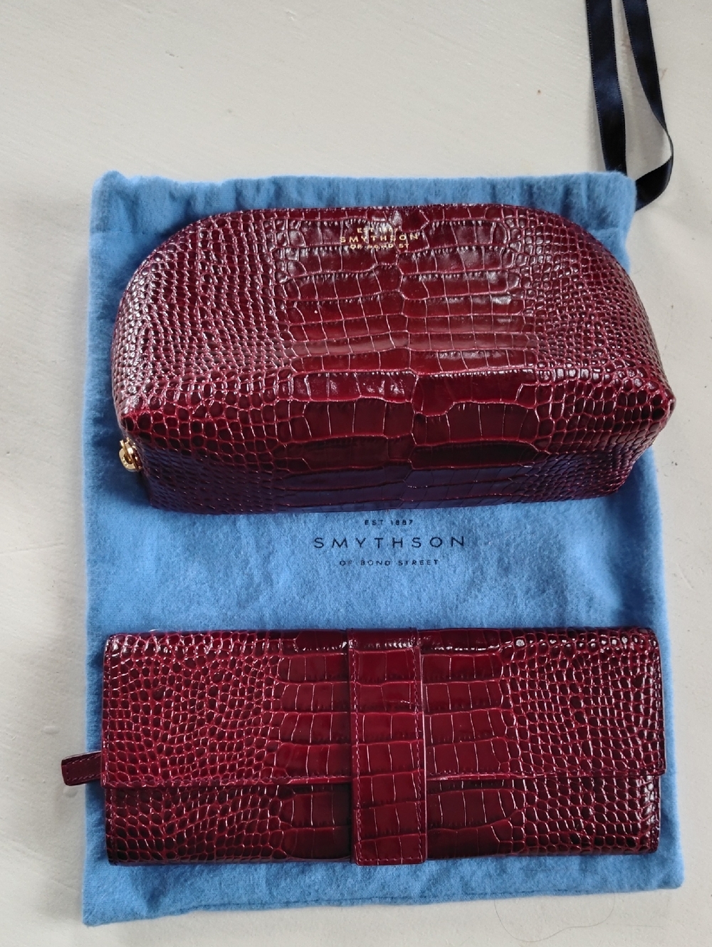 Smythson Burgundy Croc-Embossed Leather Wallet & Zip Pouch Set